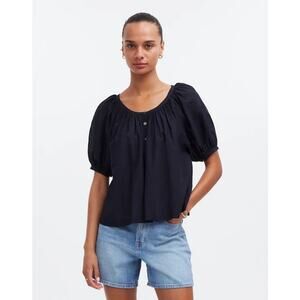 Madewell Emilina Puff-Sleeve A-Line Top in True Black Size Medium
